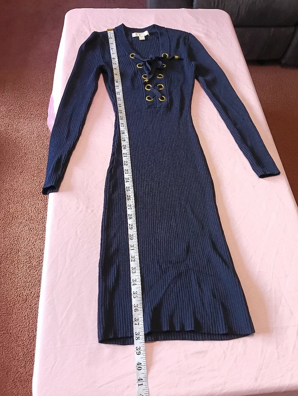 Michael Kors Ribbed Lace-Up Long Sleeve Dress Navy Size XS